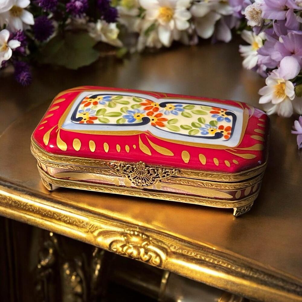 Vtg. Authentic Limoges Trinket Box Floral Red Gold Rectangular Footed Eximious